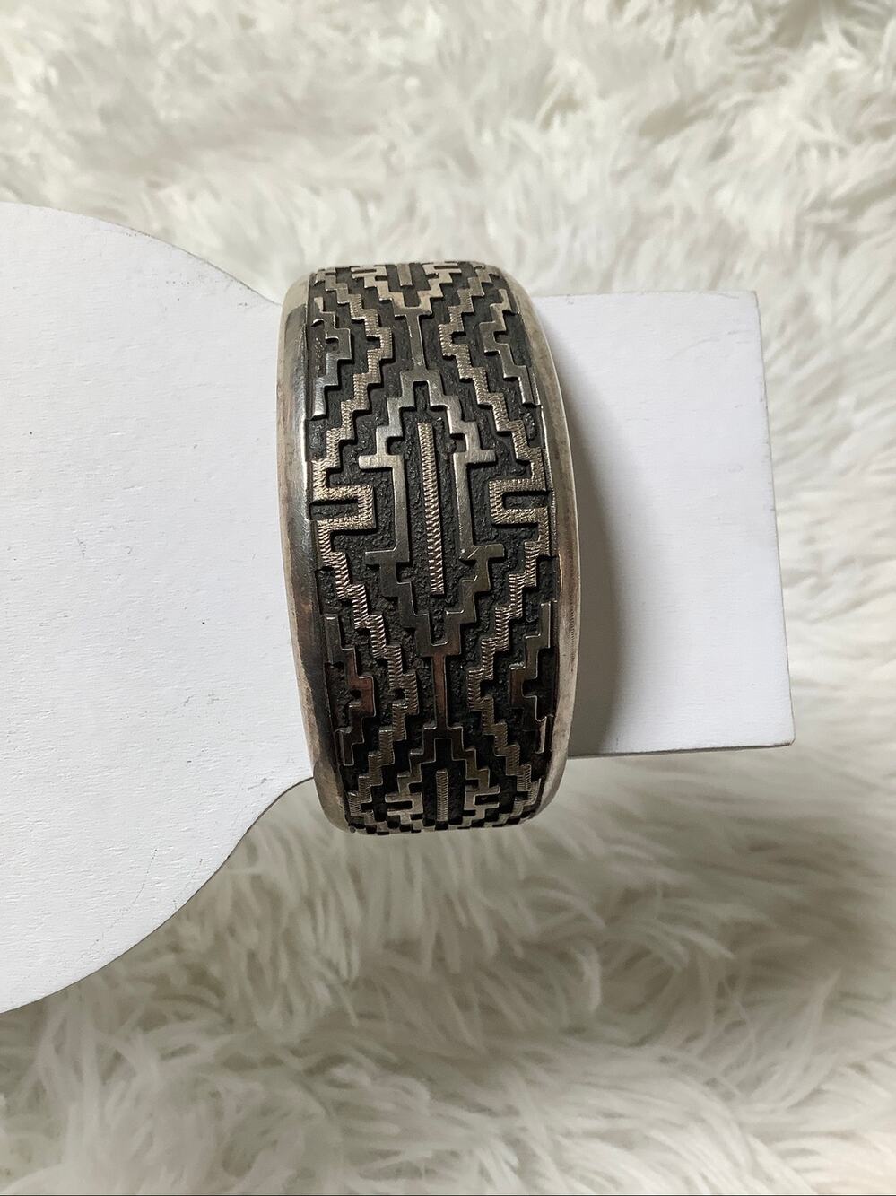 Dan Jackson Sterling Silver Navajo Overlay Geometric Cuff Bracelet Vintage E20-9